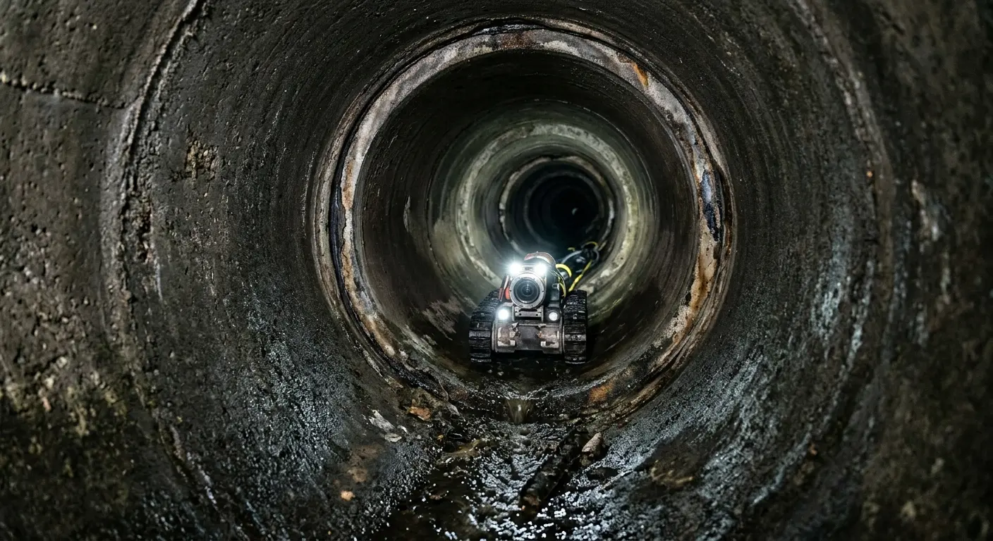 Robotic sewer camera inspecting pipe interior for Drain Snake Service in Hutchins