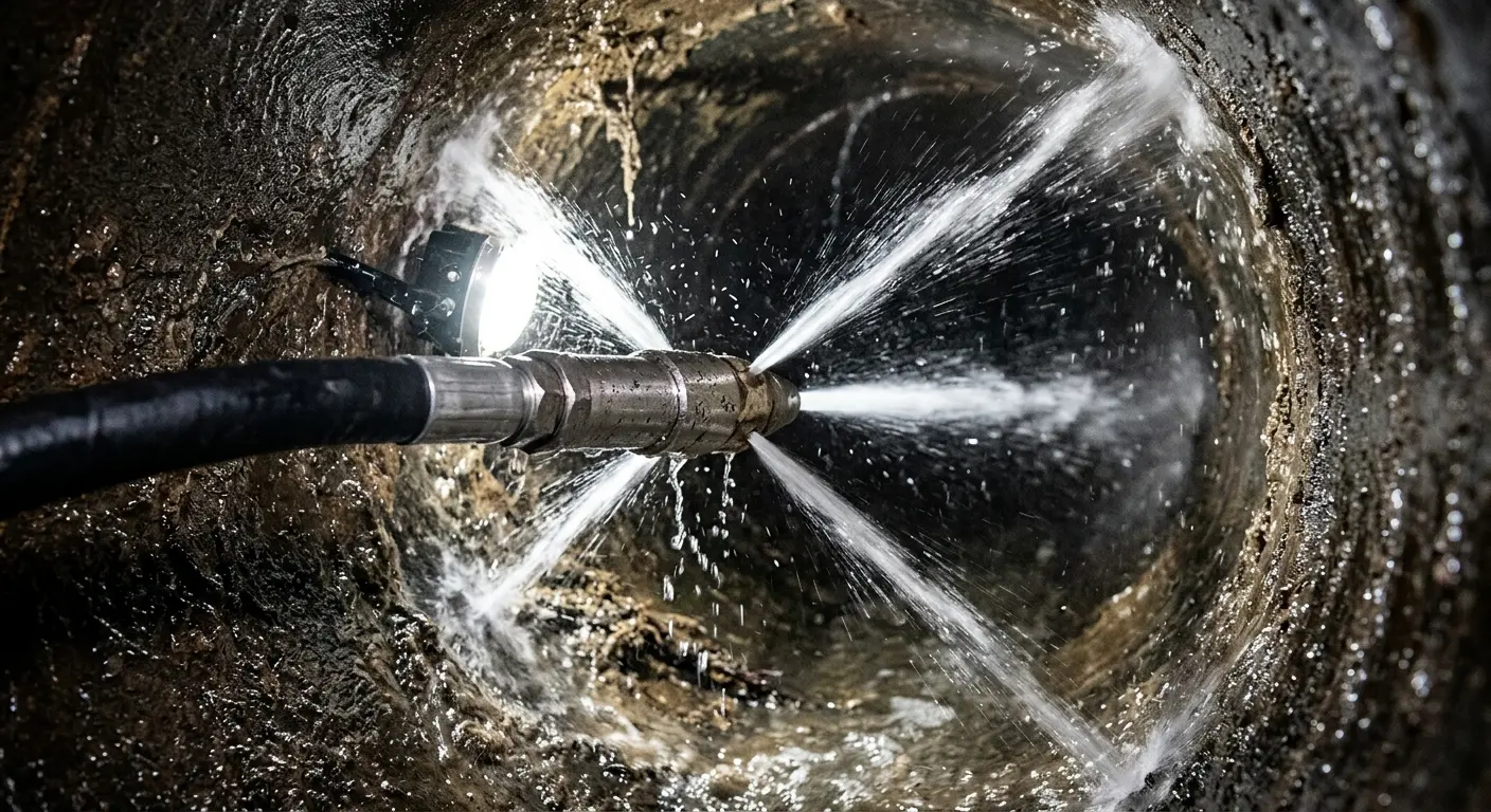 High-pressure hydro jetting nozzle cleaning sewer pipe for Trenchless Sewer Repair in Hutchins