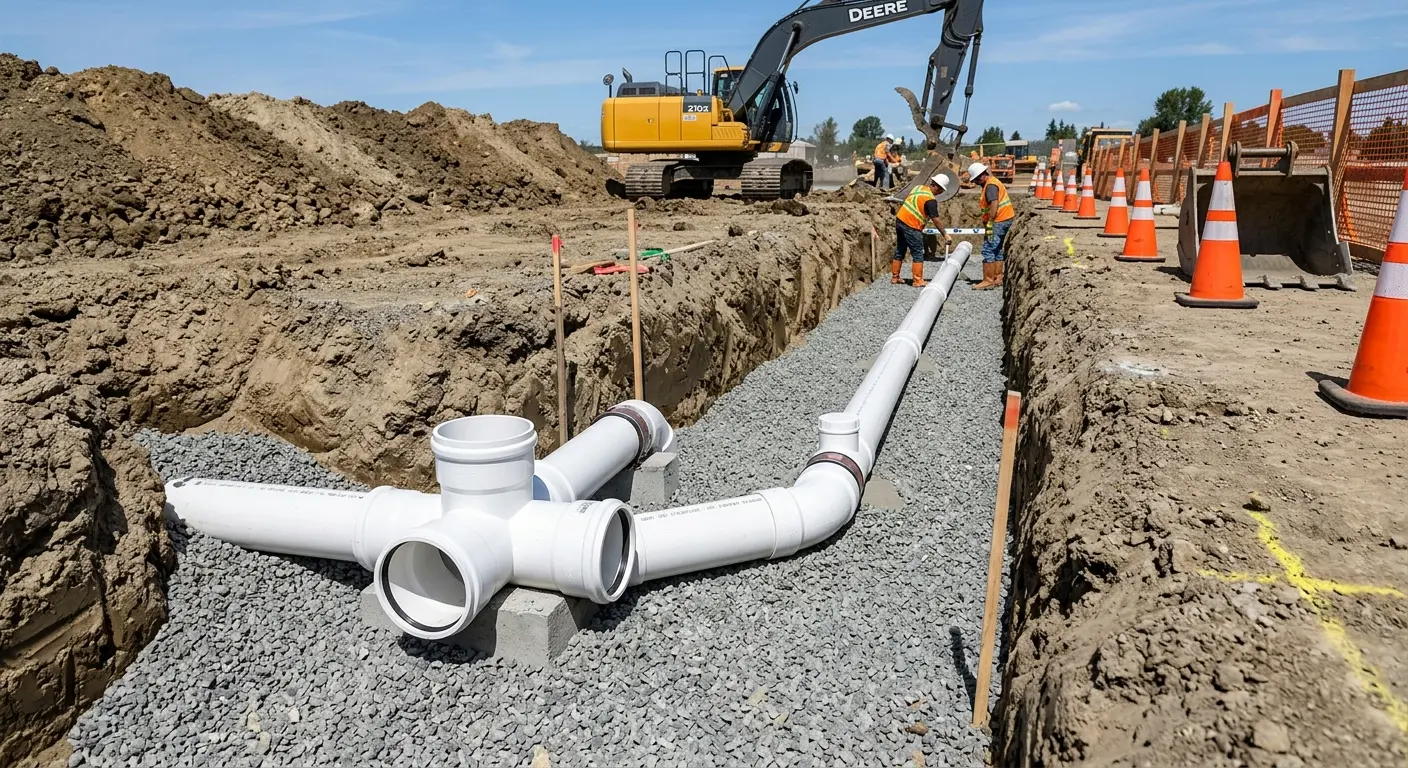 New PVC sewer pipe installation in open trench for Grease Trap Cleaning in Hutchins