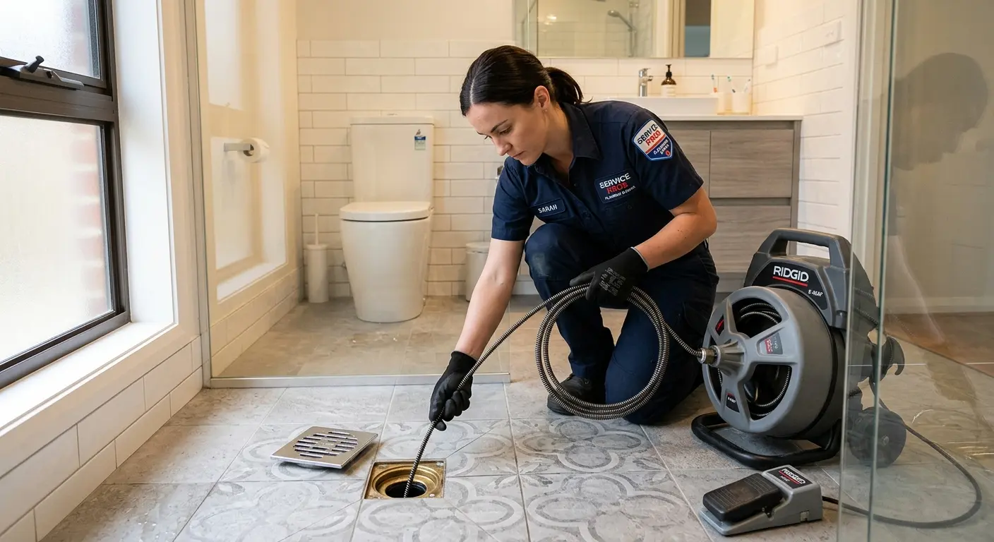 Technician clearing a bathroom floor drain for Sewer Line Installation in Hutchins